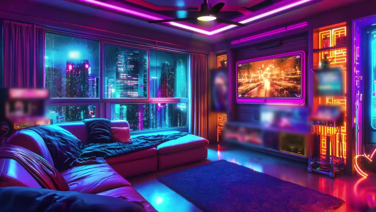 Neon ışıklı, şehir manzaralı modern salonda büyük ekran
